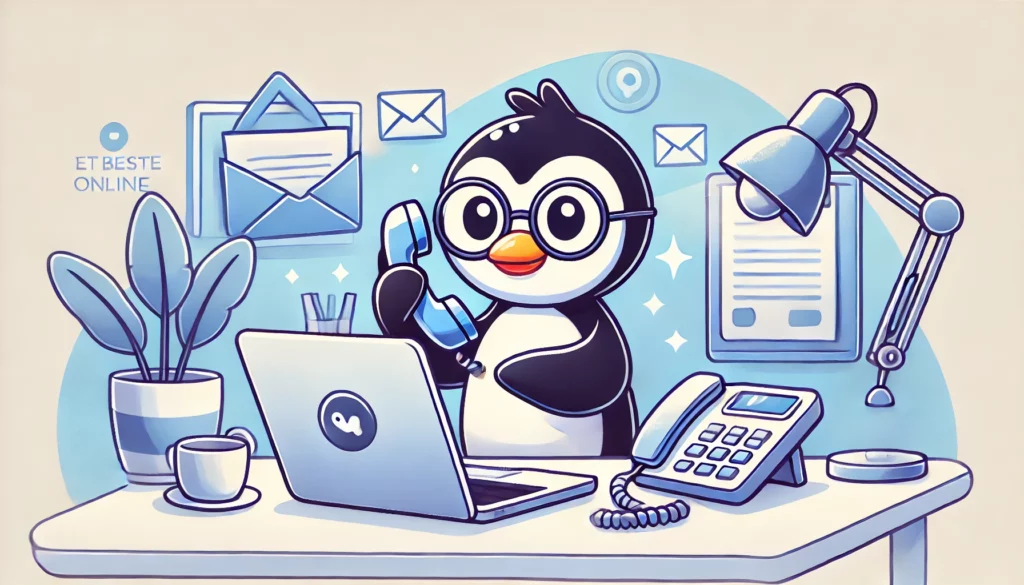 een pinguïn-personage die aan een laptop werkt